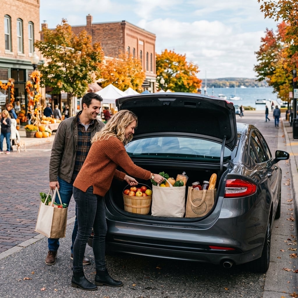 Photorealistic lifestyle scene in downtown Traverse City, Michigan, on a crisp fall morning. A couple loads reusable shopping bags, a basket of apples, and local farmers market purchases into the spacious open trunk of a clean, late-model Ford Fusion sedan. Grand Traverse Bay and recognizable downto