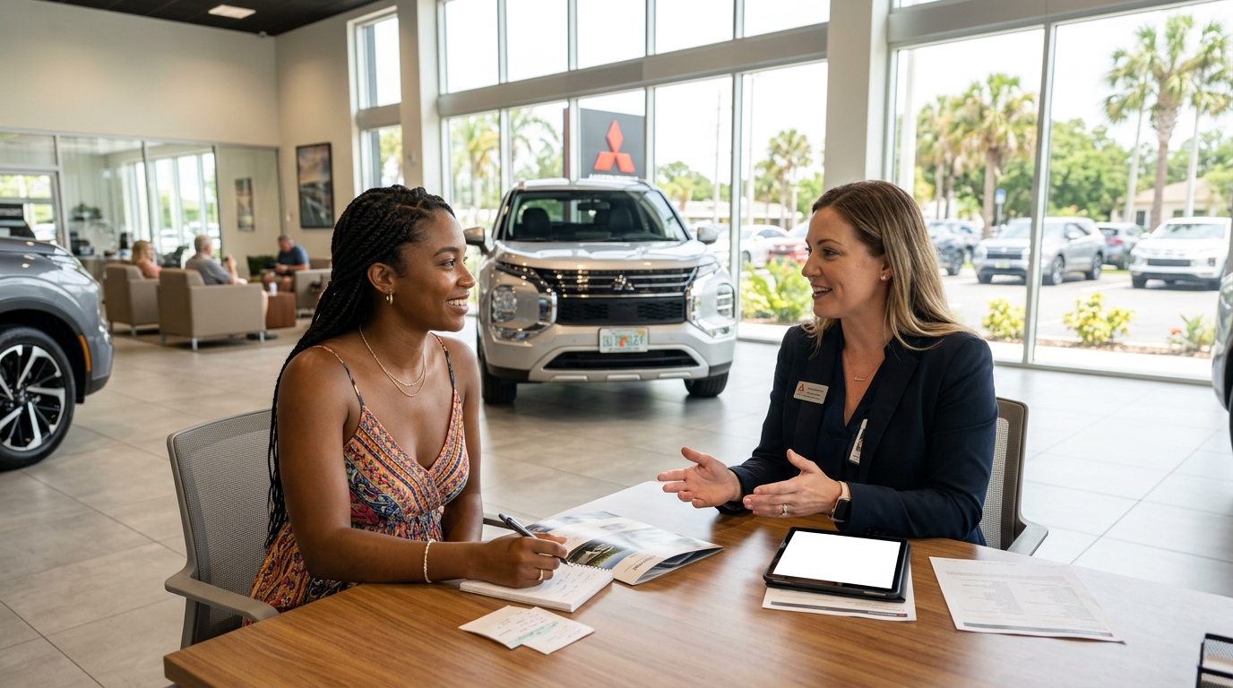 A customer smiles as a female car dealership employee explains purchasing options at a desk near a new SUV. (Representative image for illustration purposes only. Actual vehicle may vary based on trim and configuration.)