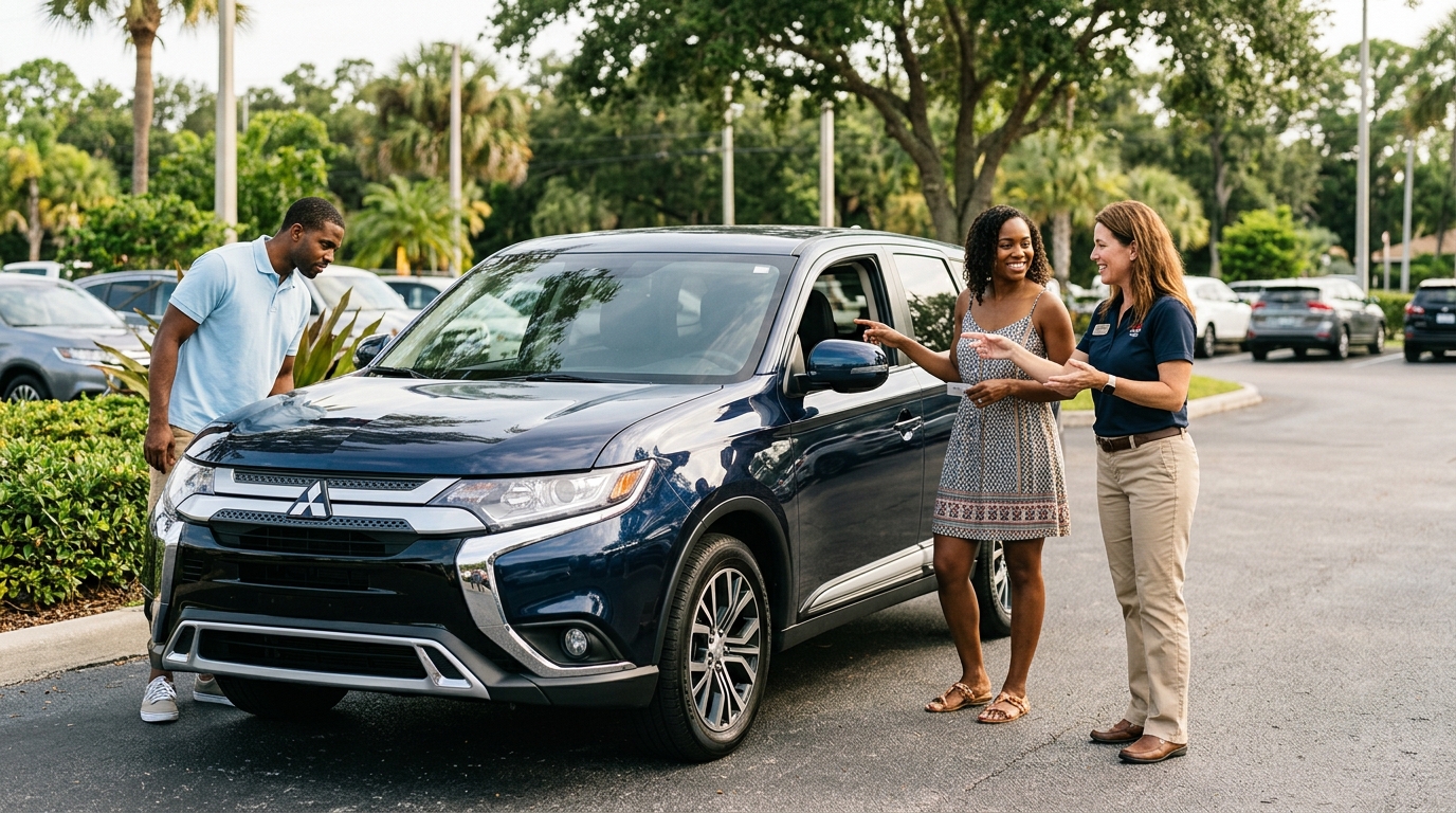 A sales representative shows a dark blue Mitsubishi SUV to a couple in a car dealership parking lot. (Representative image for illustration purposes only. Actual vehicle may vary based on trim and configuration.)