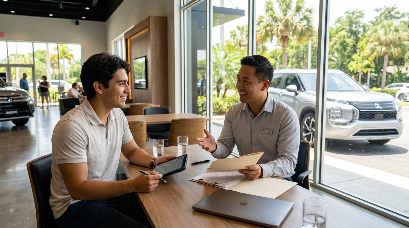 A young man seated at a desk inside a car dealership discussing paperwork with a salesman near large windows. (Representative image for illustration purposes only. Actual vehicle may vary based on trim and configuration.)