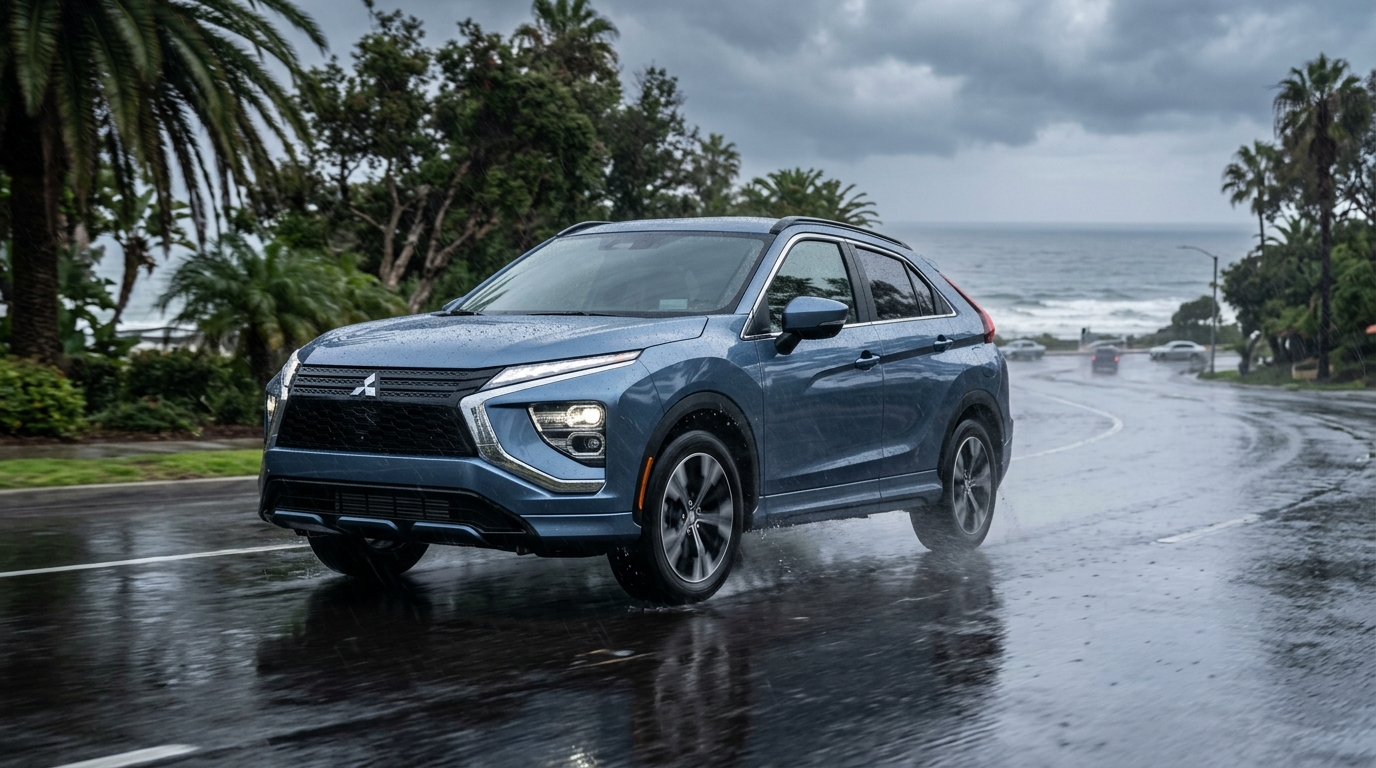 Metallic blue Mitsubishi SUV driving on a slick, wet road along a rainy coast with palm trees in the background. (Representative image for illustration purposes only. Actual vehicle may vary based on trim and configuration.)
