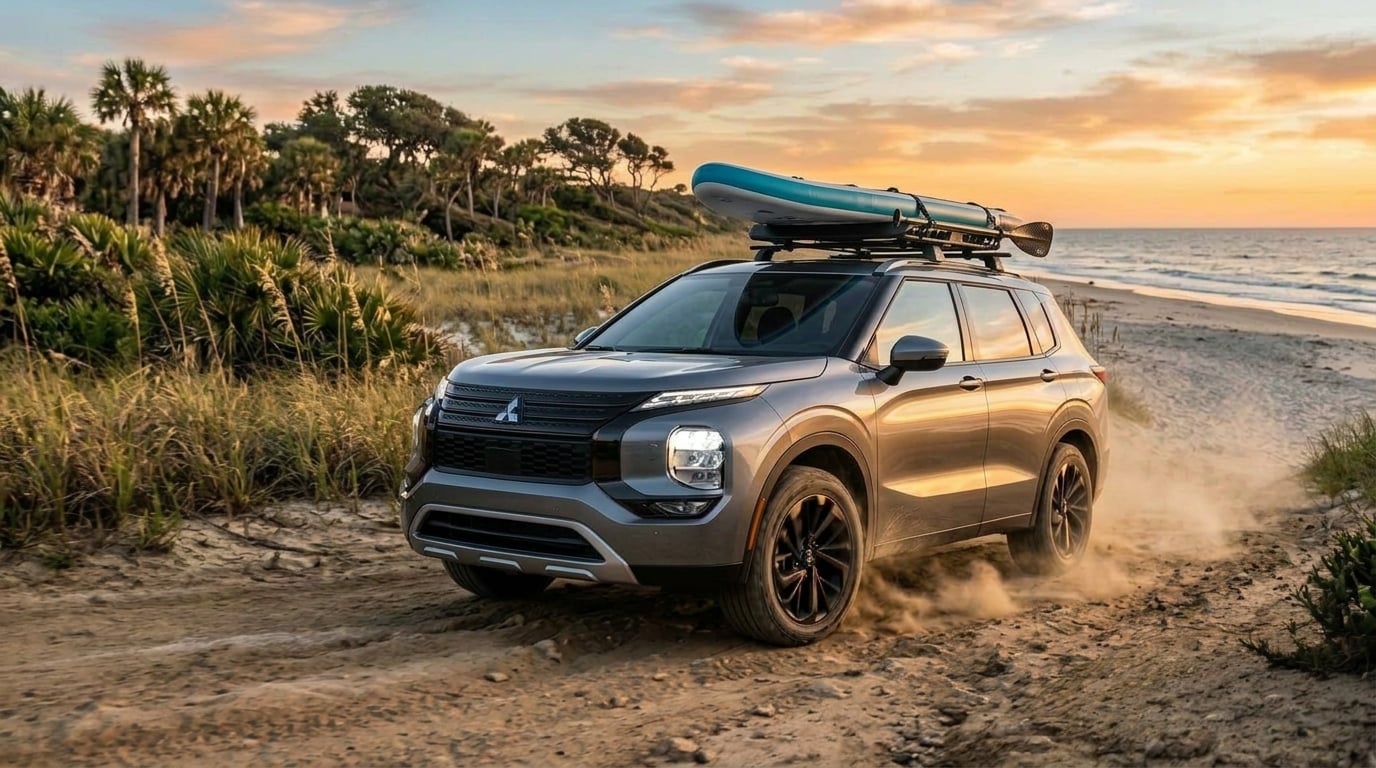 Photorealistic action shot, 2026 Mitsubishi Outlander Trail Edition crossover SUV driving along a scenic coastal dirt trail near the beach at golden hour, low-angle three-quarter front view highlighting rugged trail-ready body cladding, roof rack with outdoor gear, sleek LED headlights, dynamic fron