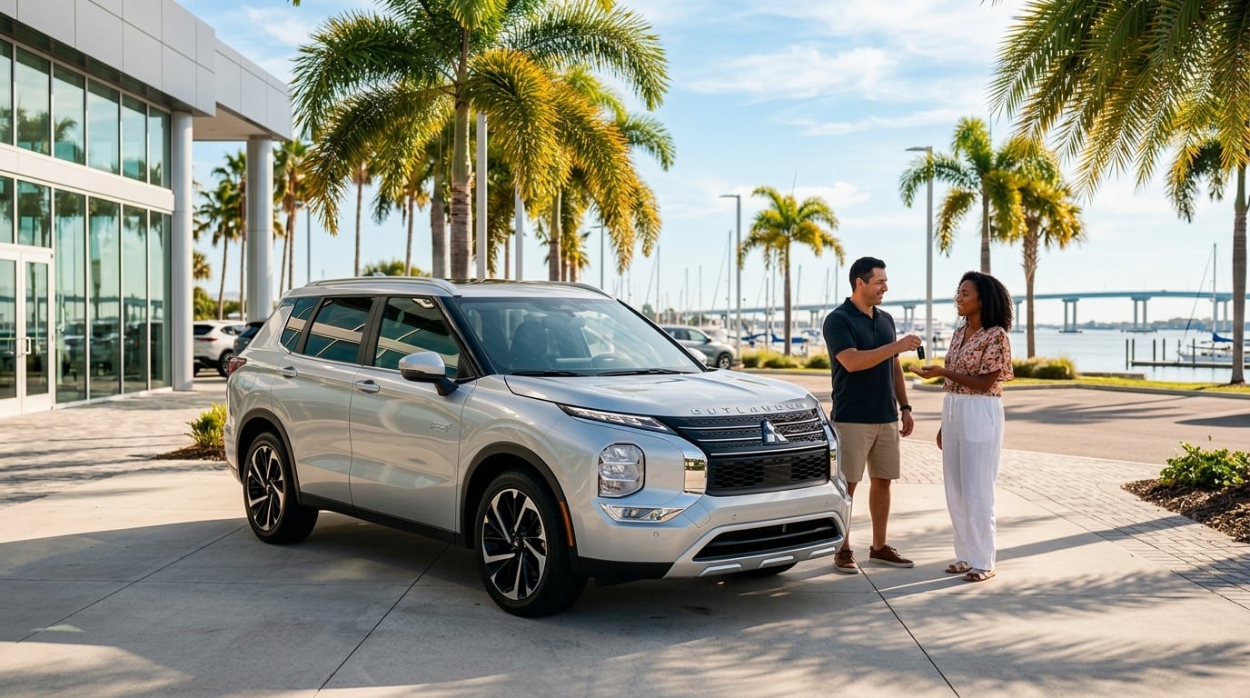 A pristine 2026 Mitsubishi Outlander crossover parked on a bright, modern exterior vehicle lot in coastal St. Petersburg, Florida, wide-shot composition, eye-level camera angle, bright natural daylight streaming through tall palm trees, sleek metallic silver finish with soft sunlight reflections, a 