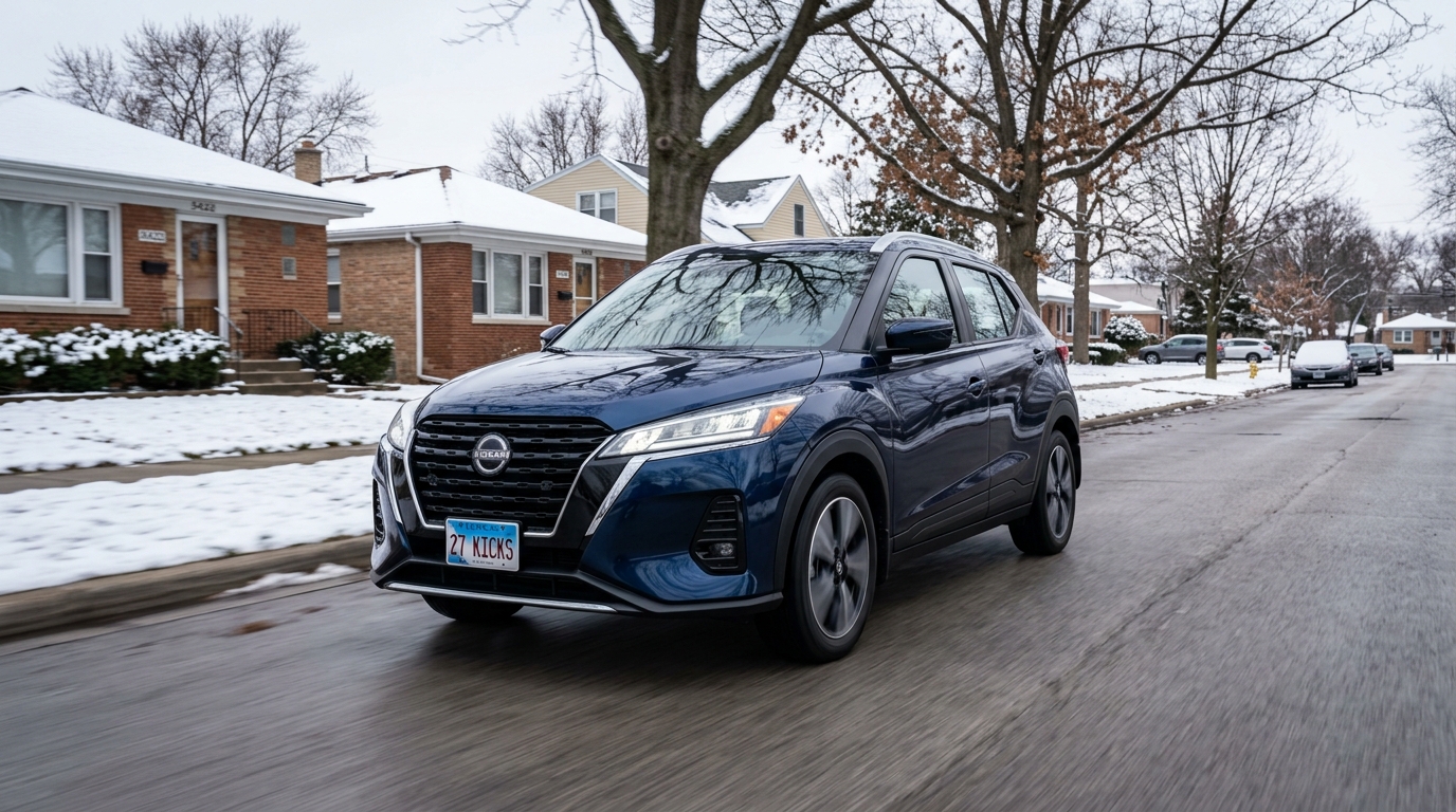 Dark blue Nissan Kicks SUV driving down a wet residential street in winter with snow on the lawns. (Representative image for illustration purposes only. Actual vehicle may vary based on trim and configuration.)
