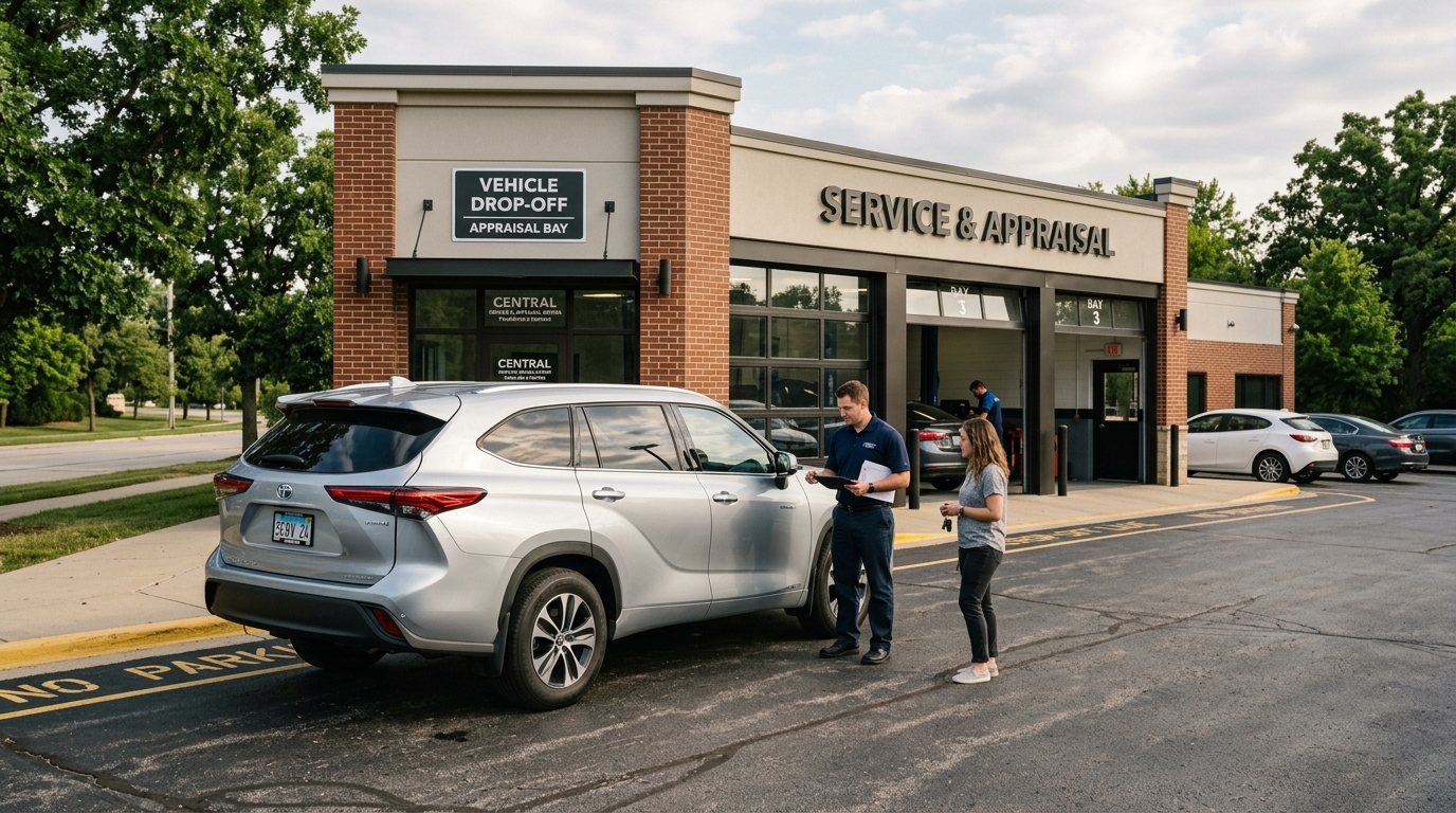 A service advisor assists a customer next to a silver SUV outside a dealership service and appraisal bay. (Representative image for illustration purposes only. Actual vehicle may vary based on trim and configuration.)