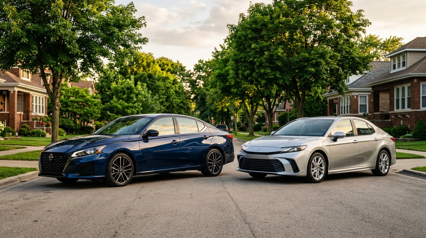 A dark blue Nissan Altima and a silver Toyota Camry parked side-by-side on a quiet suburban street. (Representative image for illustration purposes only. Actual vehicle may vary based on trim and configuration.)
