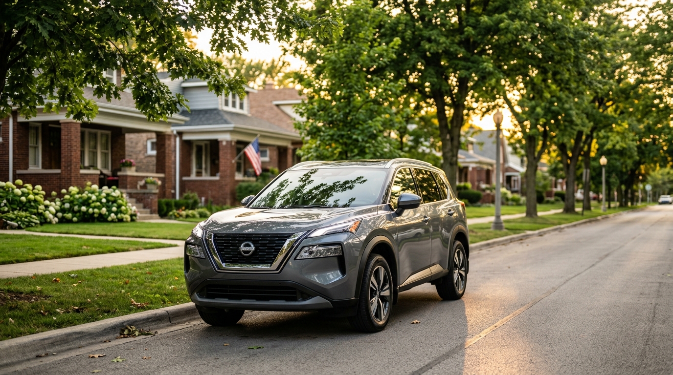 A gray Nissan Rogue SUV parked along the curb of a tree-lined residential street during golden hour. (Representative image for illustration purposes only. Actual vehicle may vary based on trim and configuration.)