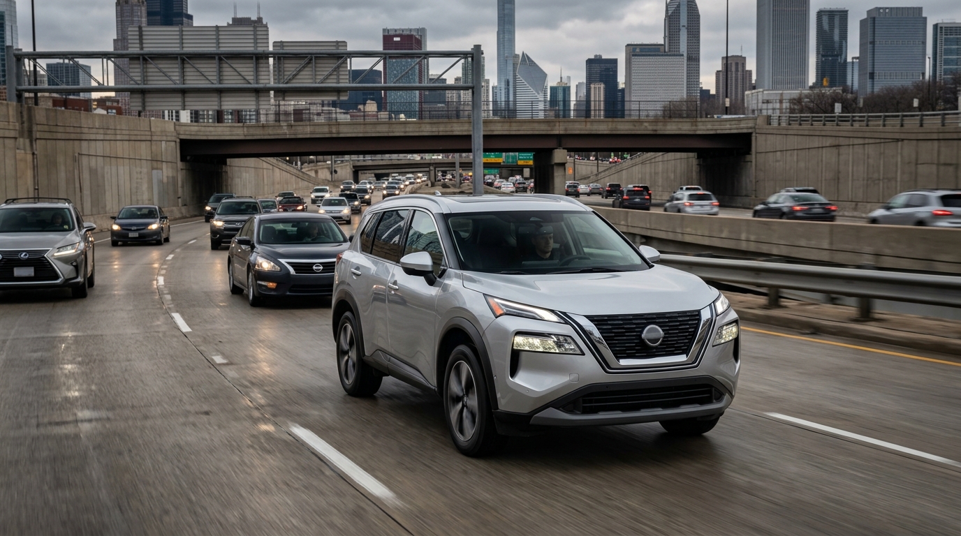 A silver Nissan Rogue driving along a busy highway with a city skyline in the background. (Representative image for illustration purposes only. Actual vehicle may vary based on trim and configuration.)