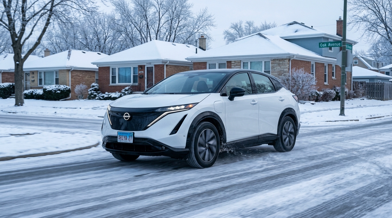 White Nissan Ariya electric SUV driving down a snow-covered suburban street during winter. (Representative image for illustration purposes only. Actual vehicle may vary based on trim and configuration.)