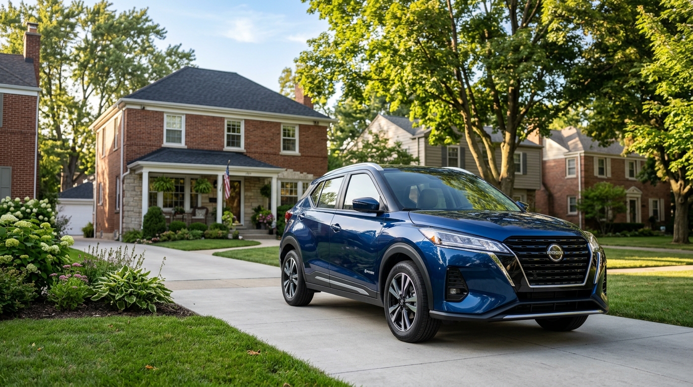 A dark blue Nissan Kicks SUV parked on a concrete driveway in front of a brick suburban house. (Representative image for illustration purposes only. Actual vehicle may vary based on trim and configuration.)