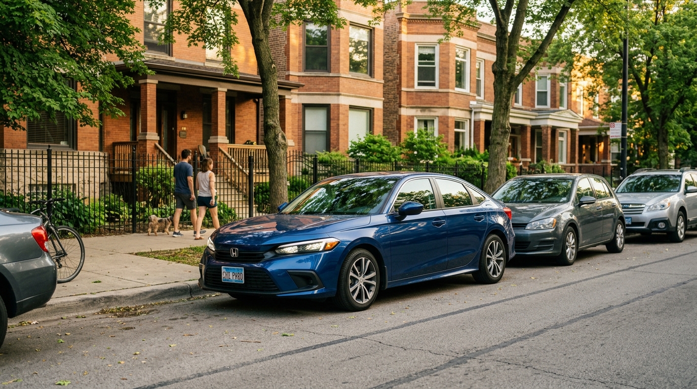 A blue Honda Civic parked on a tree-lined residential street in front of brick townhouses. (Representative image for illustration purposes only. Actual vehicle may vary based on trim and configuration.)