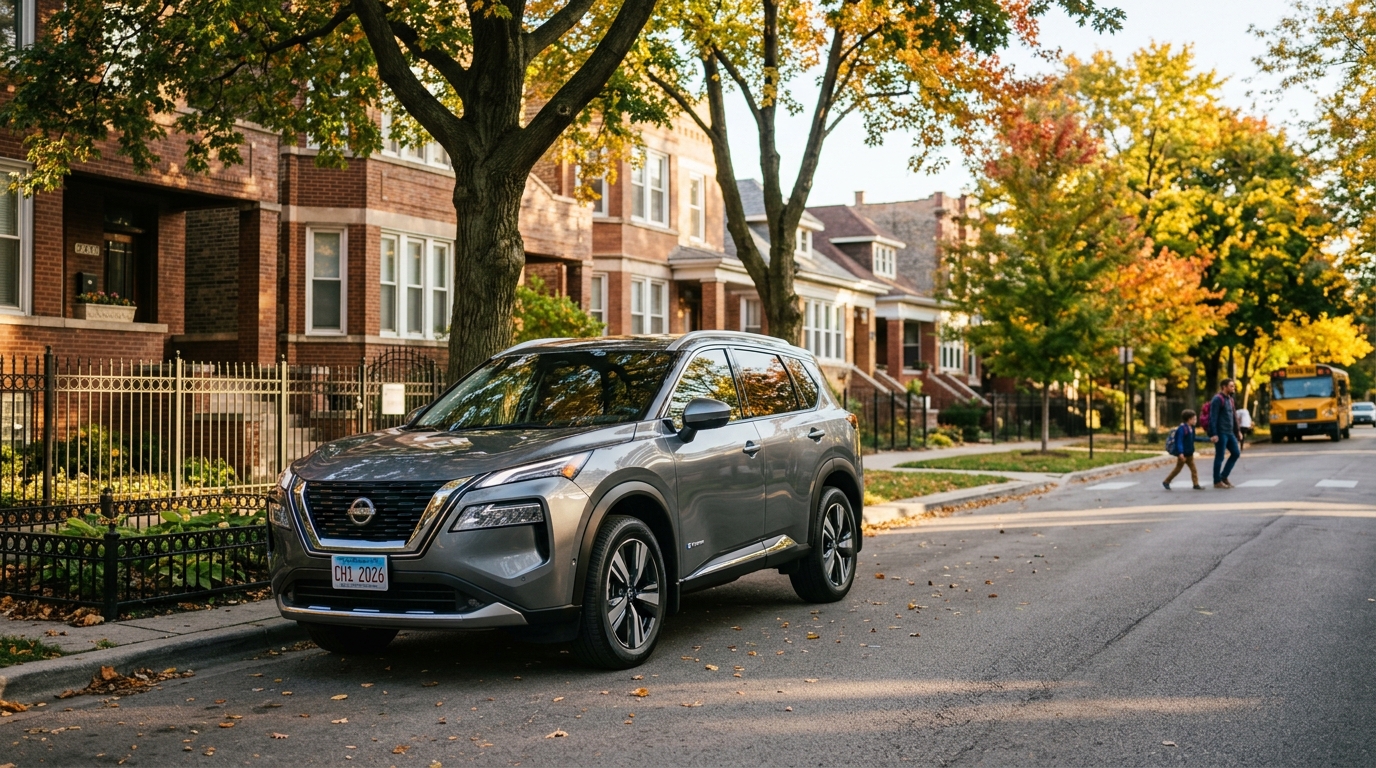 Grey Nissan SUV parked along a tree-lined residential street surrounded by colorful autumn foliage. (Representative image for illustration purposes only. Actual vehicle may vary based on trim and configuration.)