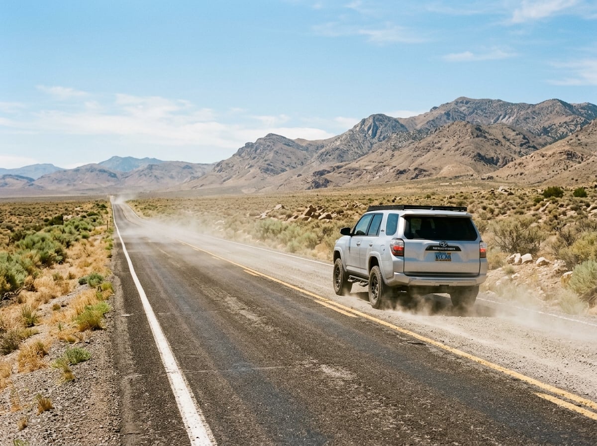 Toyota vehicle driving on a sun-baked High Desert highway with heat haze (Representative image for illustration purposes only)