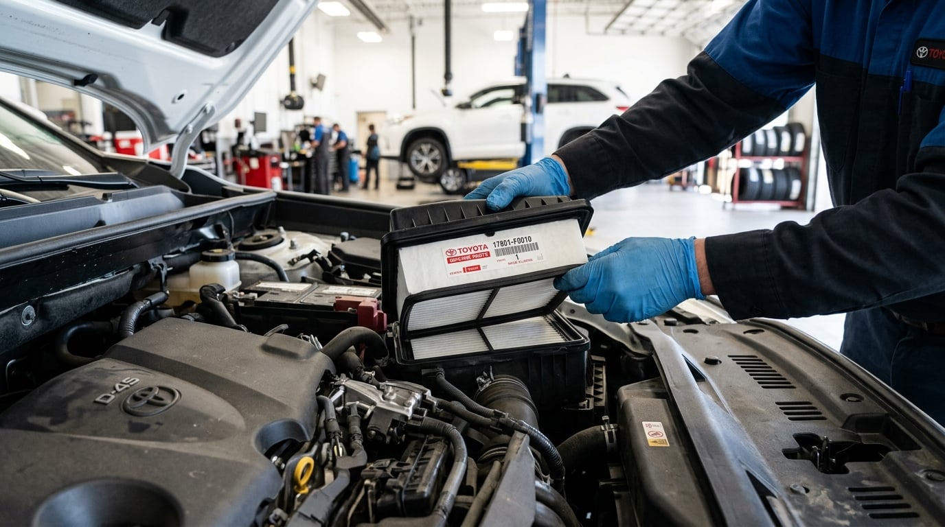 Close-up of a technician's hands installing a genuine Toyota air filter into an engine bay (Representative image for illustration purposes only)