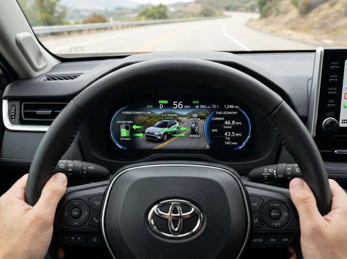 2026 Toyota RAV4 Hybrid dashboard showing the hybrid powertrain display (Representative image for illustration purposes only. Actual vehicle may vary based on trim and configuration.)