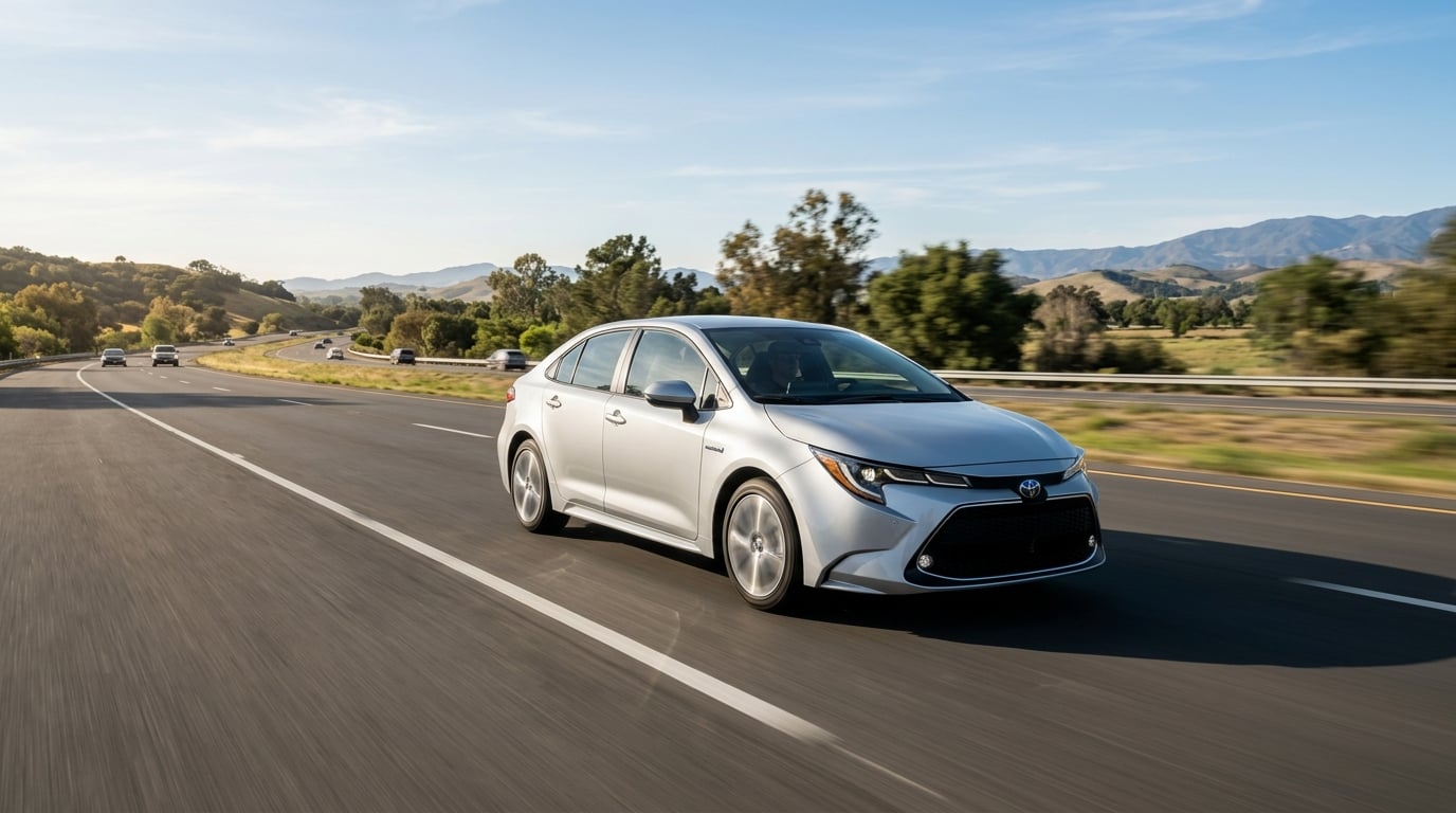 Toyota hybrid sedan on the highway