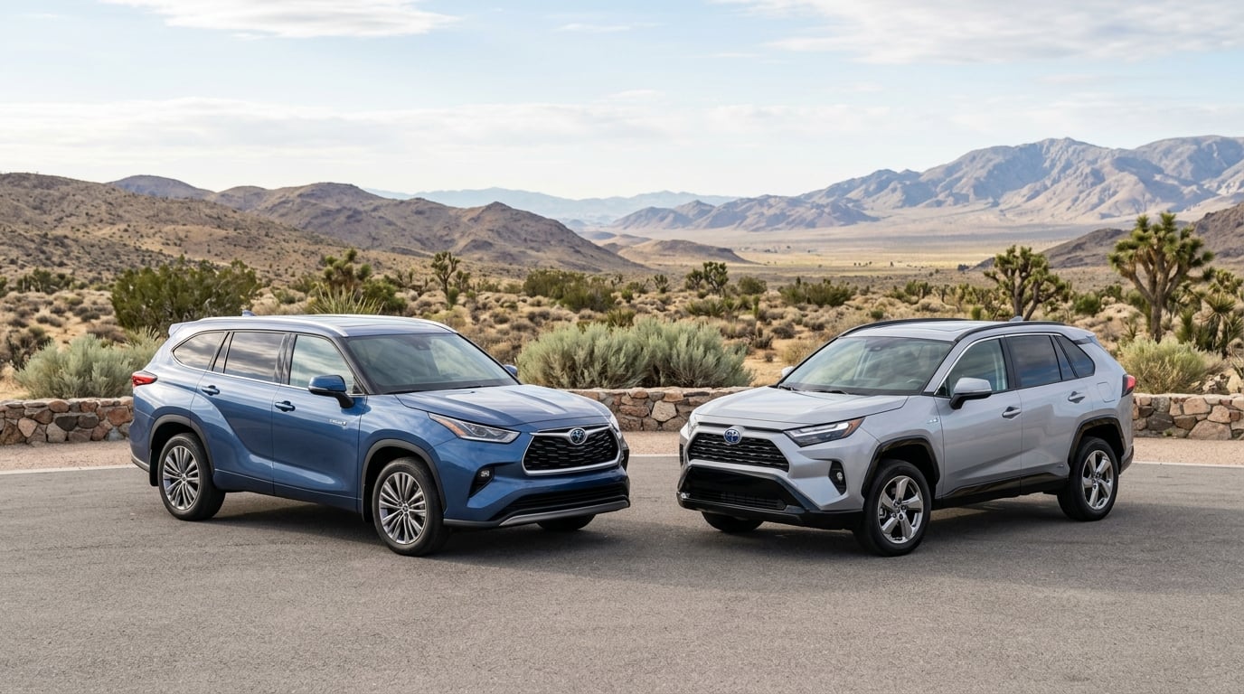 2026 Toyota Highlander Hybrid and RAV4 Hybrid parked side by side (Representative image for illustration purposes only. Actual vehicle may vary based on trim and configuration.)
