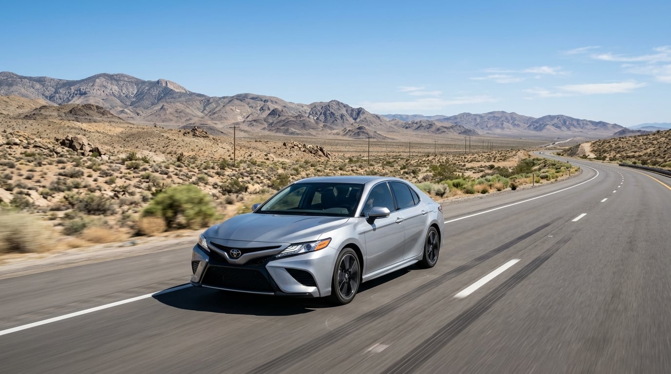 Toyota sedan equipped with Toyota Safety Sense 3.0 driving through the High Desert
