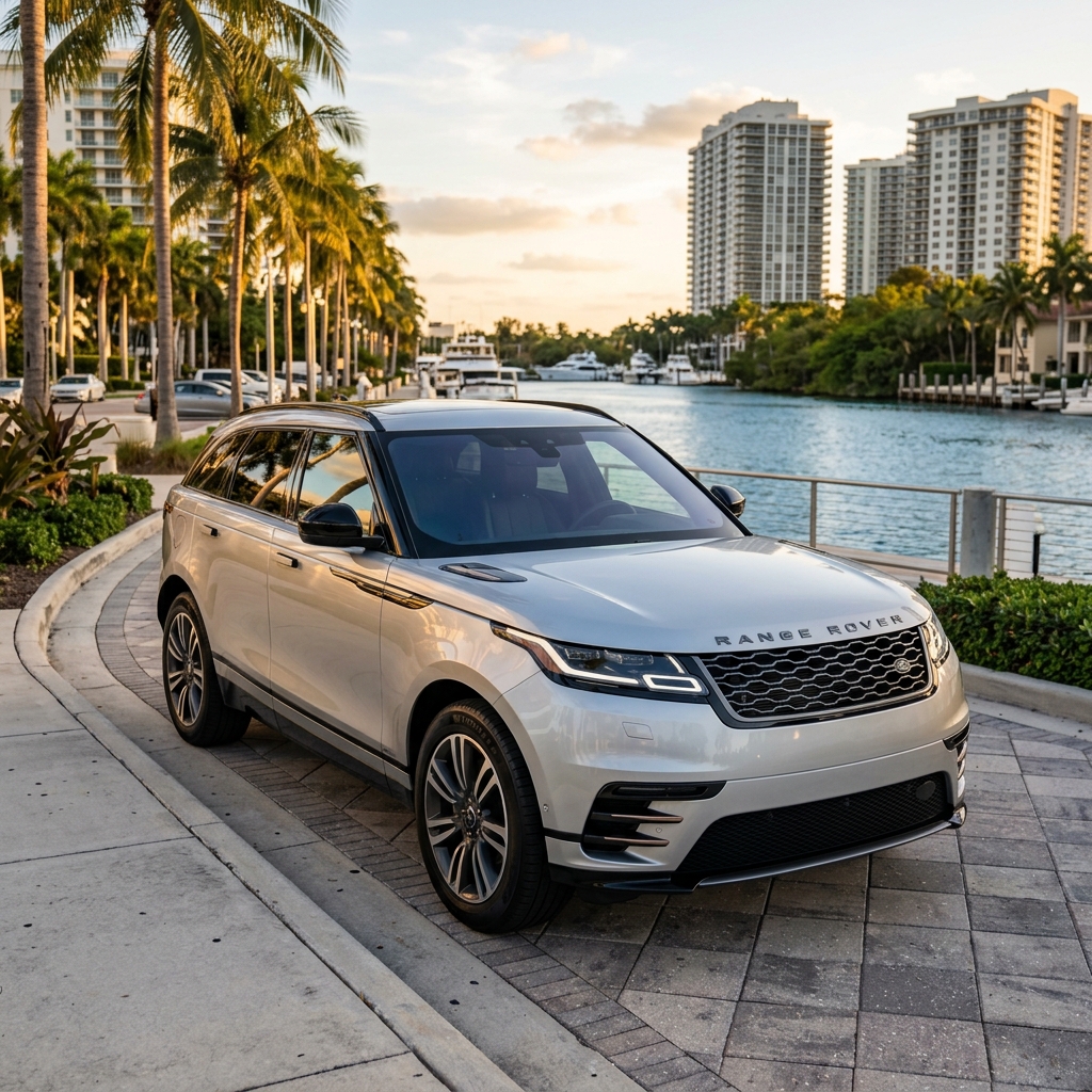 A silver Range Rover Velar parked on a paved waterfront promenade with palm trees and high-rise buildings. (Representative image for illustration purposes only. Actual vehicle may vary based on trim and configuration.)