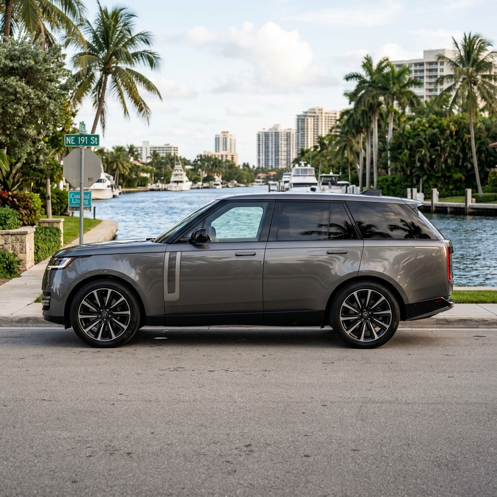 Side profile of a luxury grey Range Rover parked on a street next to a tropical canal with yachts and palm trees. (Representative image for illustration purposes only. Actual vehicle may vary based on trim and configuration.)