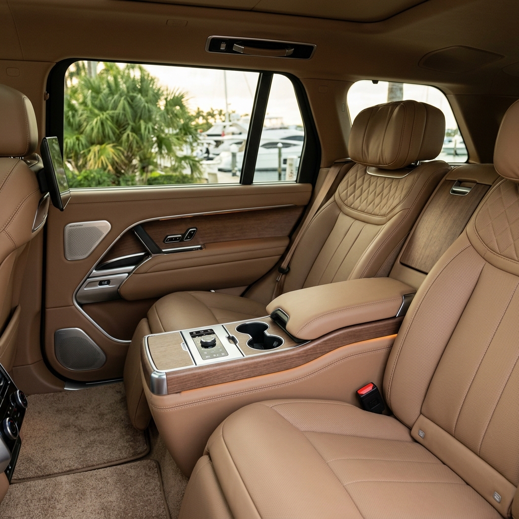 Tan leather executive rear seats and a wood trim console inside a luxury SUV overlooking a marina. (Representative image for illustration purposes only. Actual vehicle may vary based on trim and configuration.)