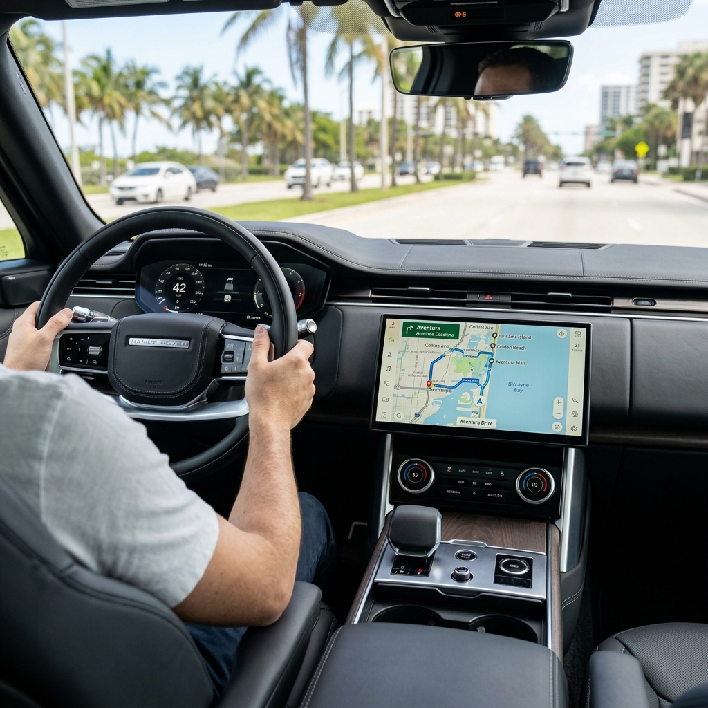 Driver's hands on a Range Rover steering wheel with a modern navigation screen and digital dashboard visible. (Representative image for illustration purposes only. Actual vehicle may vary based on trim and configuration.)