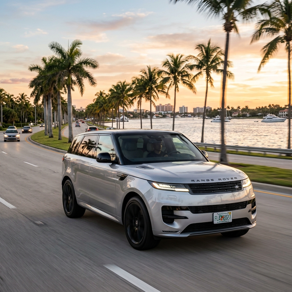 A silver Range Rover driving along a palm-tree-lined coastal road during a scenic sunset. (Representative image for illustration purposes only. Actual vehicle may vary based on trim and configuration.)