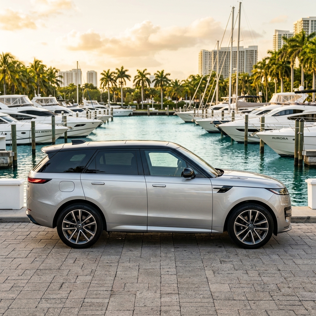 Silver Range Rover Sport parked on a stone dock next to a marina with luxury yachts at sunset. (Representative image for illustration purposes only. Actual vehicle may vary based on trim and configuration.)
