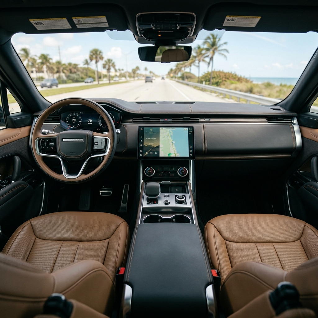Driver's perspective inside a luxury SUV with tan leather seats and digital dashboard driving past palm trees. (Representative image for illustration purposes only. Actual vehicle may vary based on trim and configuration.)