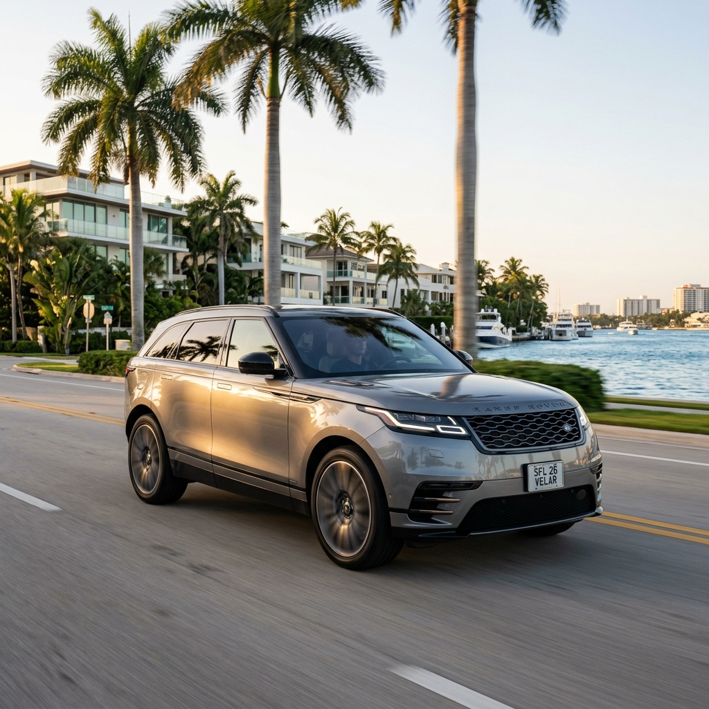A silver Range Rover Velar SUV driving along a palm-lined coastal road during golden hour. (Representative image for illustration purposes only. Actual vehicle may vary based on trim and configuration.)