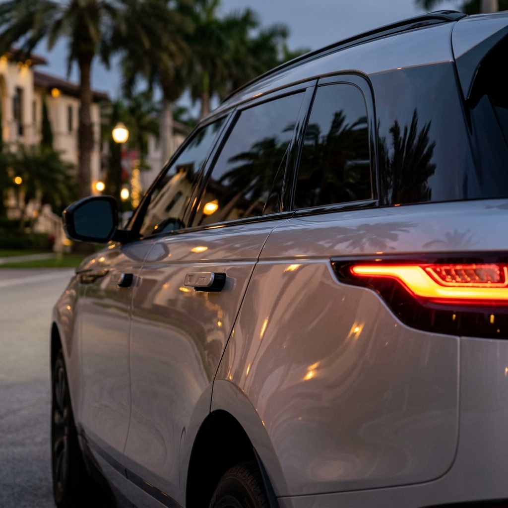 Rear profile of a silver luxury SUV parked along a palm-lined street at twilight. (Representative image for illustration purposes only. Actual vehicle may vary based on trim and configuration.)