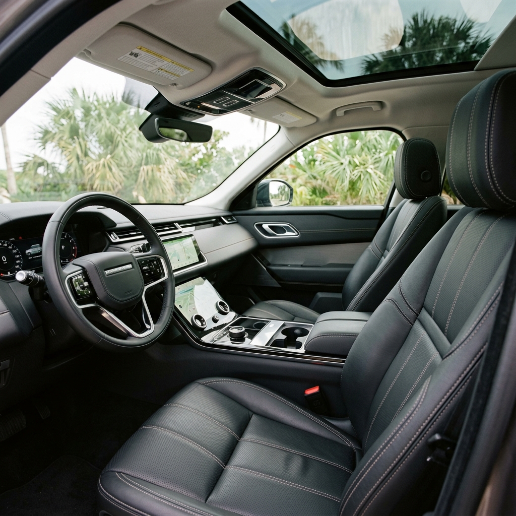 Interior of a modern luxury SUV showing black leather seats, a dual-screen dashboard, and a panoramic sunroof. (Representative image for illustration purposes only. Actual vehicle may vary based on trim and configuration.)