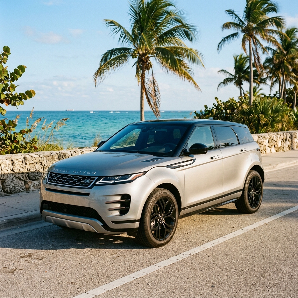 Silver Range Rover Evoque parked on a coastal road next to palm trees and the ocean. (Representative image for illustration purposes only. Actual vehicle may vary based on trim and configuration.)