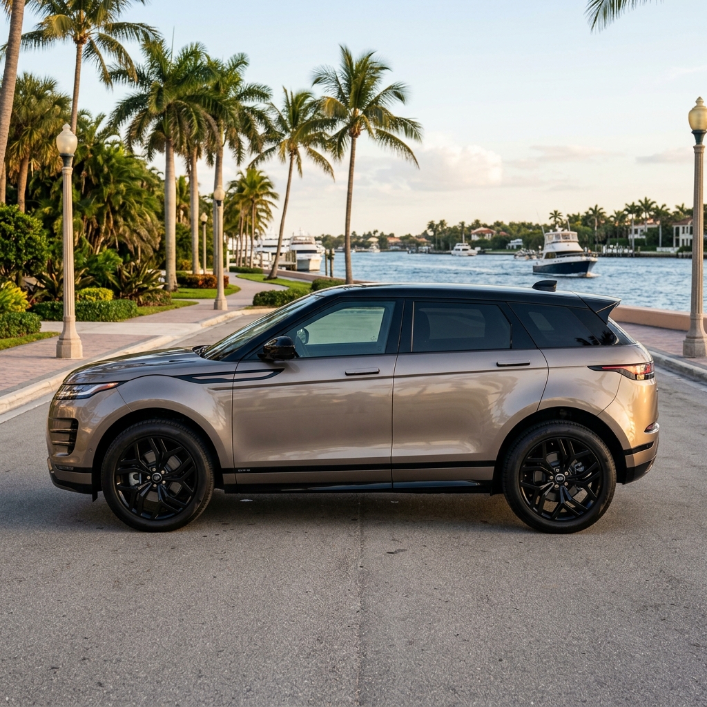 Side view of a champagne Range Rover SUV parked on a palm tree-lined waterfront road. (Representative image for illustration purposes only. Actual vehicle may vary based on trim and configuration.)