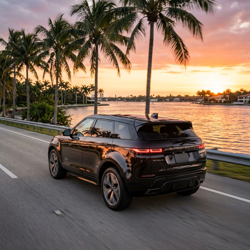 A black Range Rover Evoque driving along a palm tree-lined coastal road during a golden tropical sunset. (Representative image for illustration purposes only. Actual vehicle may vary based on trim and configuration.)