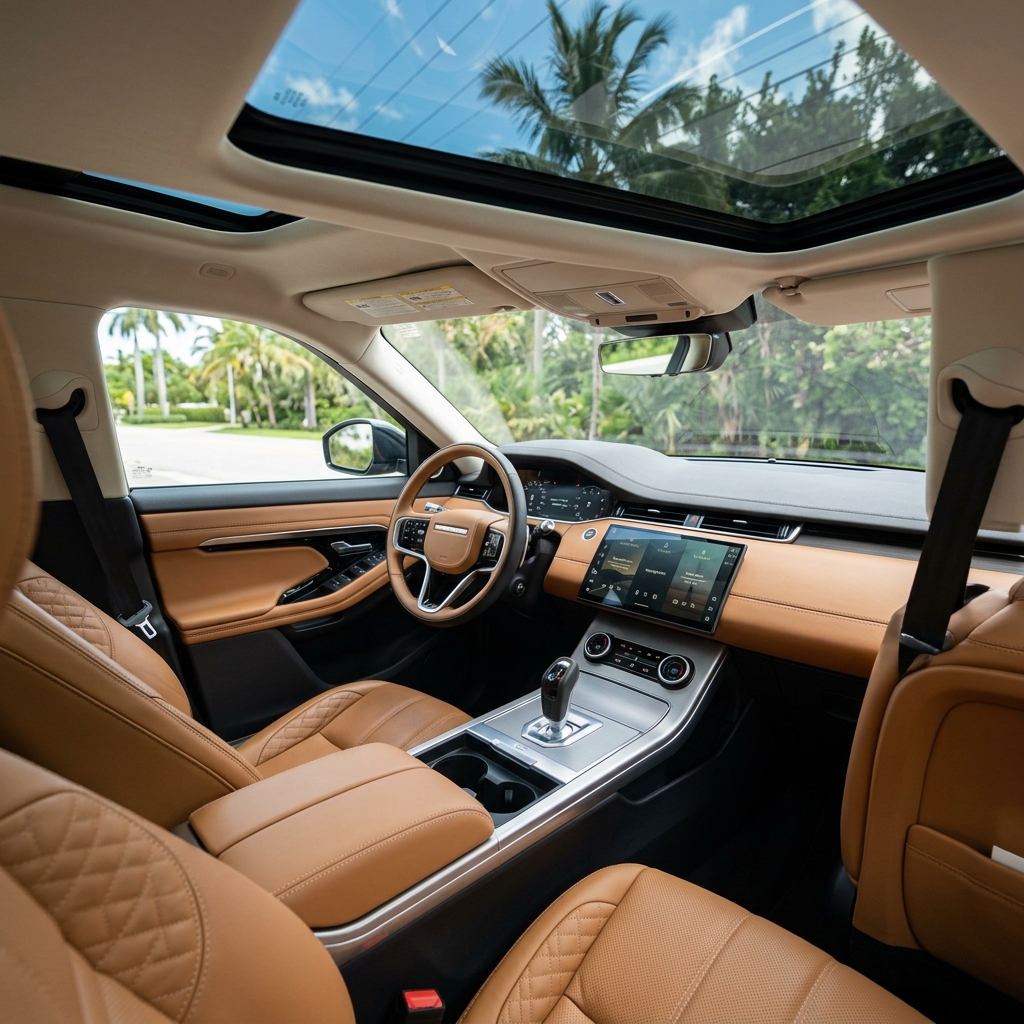 Modern luxury car interior featuring tan leather quilted seats, digital dashboard, center console, and panoramic sunroof. (Representative image for illustration purposes only. Actual vehicle may vary based on trim and configuration.)