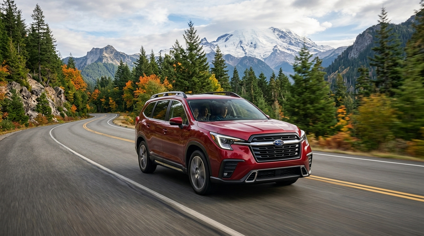 Red Subaru SUV driving on a winding mountain road with autumn trees and a snow-capped mountain peak behind it. (Representative image for illustration purposes only. Actual vehicle may vary based on trim and configuration.)