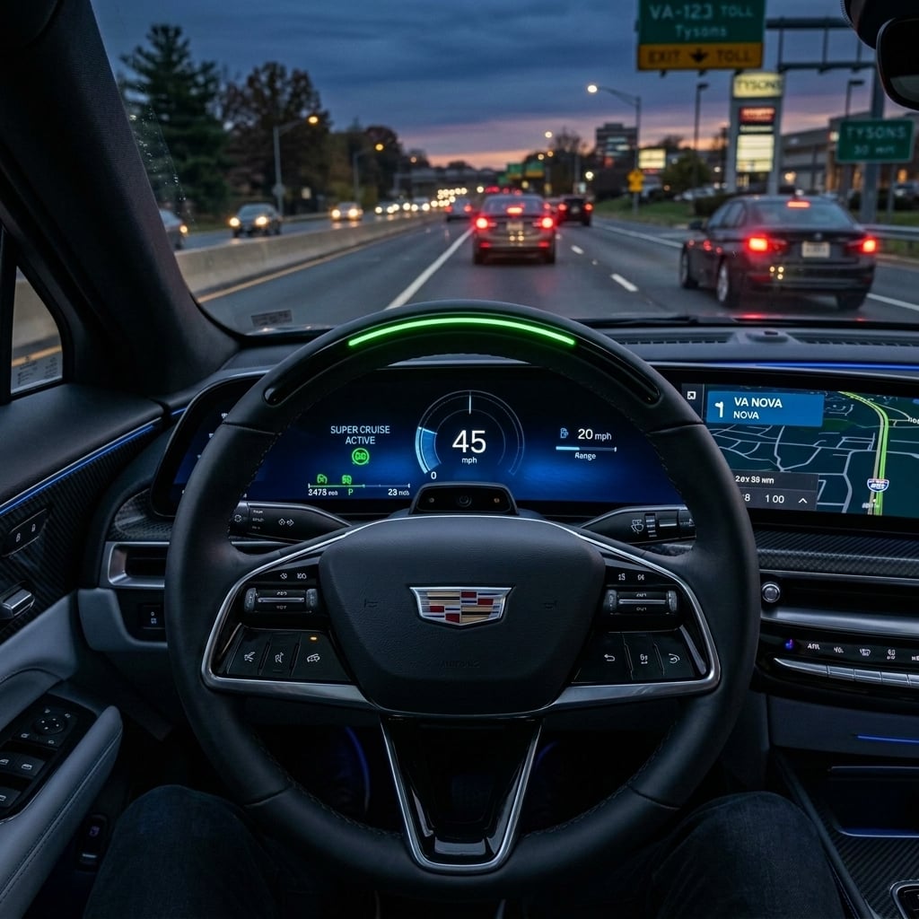 A detailed close-up interior photograph from the driver's point of view inside a Cadillac LYRIQ during an evening commute along a suburban Northern Virginia highway. The focal point is the sculpted steering wheel featuring a solid green glowing Super Cruise light bar along its upper rim. Sitting directly on the steering column, the compact driver attention monitoring camera system is subtly visible, highlighted by soft cabin ambient illumination. In the soft-focused background, the curved digital dashboard display casts a gentle blue illumination, while dusk settles outside the front windshield onto a quiet suburban roadway. The atmosphere is serene and ultra-modern, emphasizing refined vehicle design and advanced technology. (Representative image for illustration purposes only. Actual vehicle may vary based on trim and configuration.)
