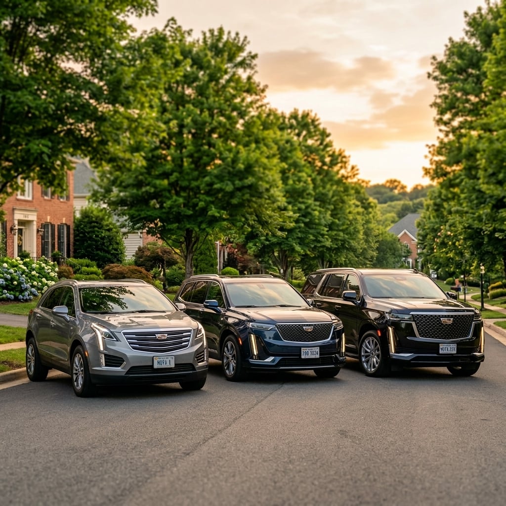 A commercial automotive side-by-side comparison shot featuring three modern Cadillac luxury SUVs parked along a quiet tree-lined suburban street in Northern Virginia during late summer. From left to right, the sleek midsize XT5 crossover, the versatile three-row XT6, and the imposing full-size Escalade showcase their progressive scale and family capability. The vehicles are painted in deep metallic shades of charcoal grey, midnight blue, and crystal black, reflecting the warm golden hour morning light. The gently rolling Piedmont landscape and lush green trees frame the scene softly in the background. Captured from an eye-level three-quarter angle with a shallow depth of field highlighting their distinctive front grilles and signature vertical lighting, presenting an elegant editorial visual. (Representative image for illustration purposes only. Actual vehicle may vary based on trim and configuration.)