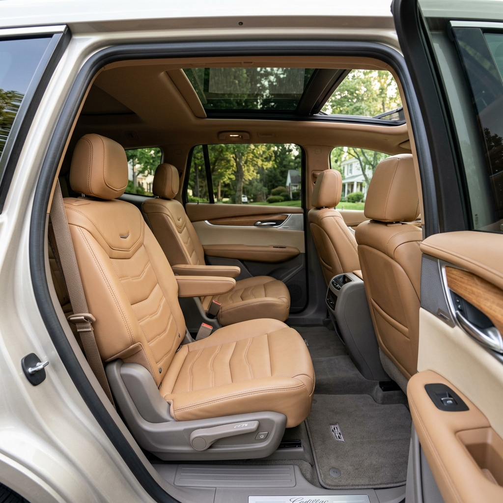 Interior view of a luxury Cadillac SUV featuring tan leather captain's chairs, a panoramic sunroof, and wood trim. (Representative image for illustration purposes only. Actual vehicle may vary based on trim and configuration.)