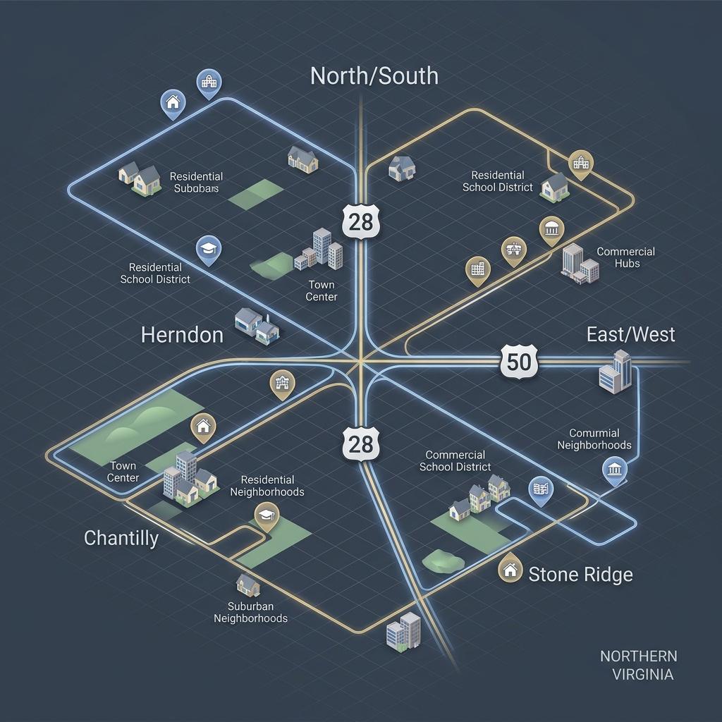 An isometric infographic map showing Northern Virginia regions along Routes 28 and 50 including Herndon and Chantilly. (Representative image for illustration purposes only. Actual vehicle may vary based on trim and configuration.)