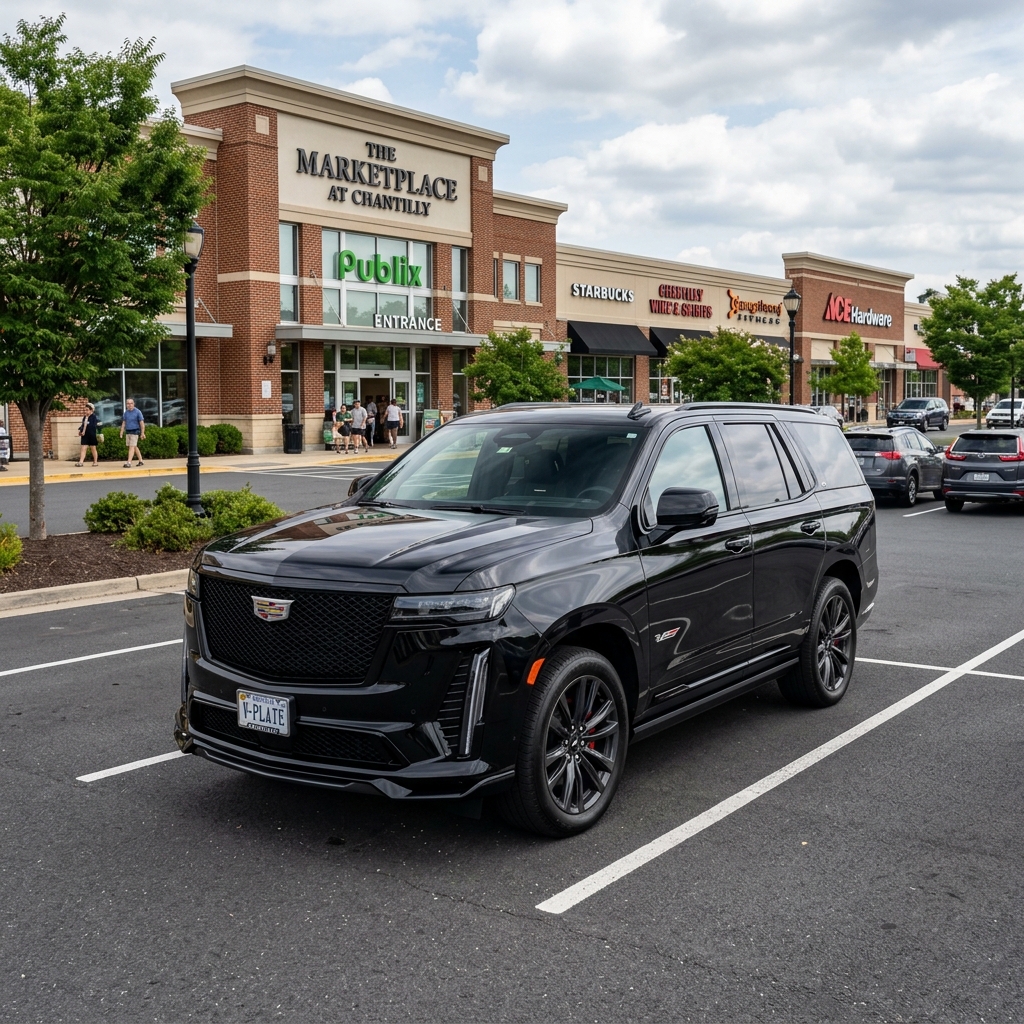 A black Cadillac Escalade-V parked in a parking lot outside a Publix grocery store at a shopping plaza. (Representative image for illustration purposes only. Actual vehicle may vary based on trim and configuration.)