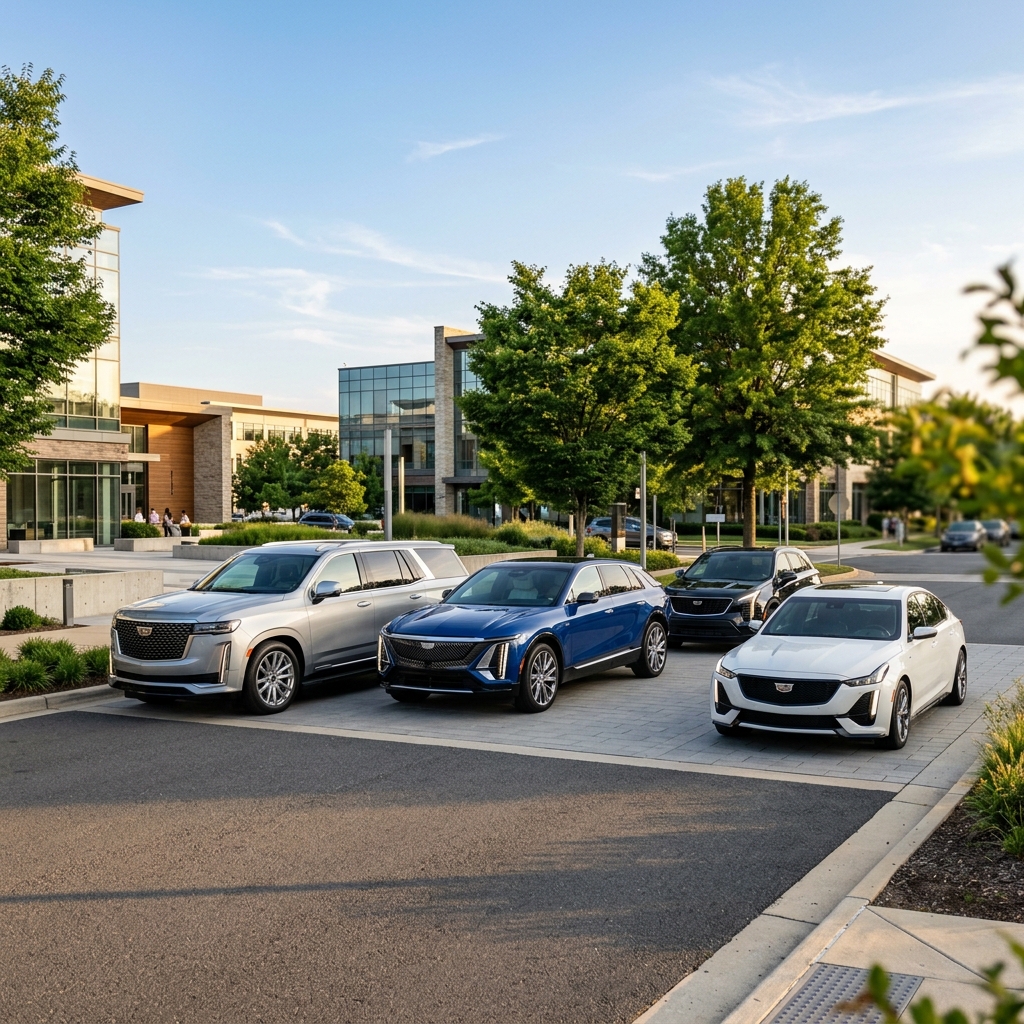 Four modern Cadillac luxury vehicles, including an Escalade, Lyriq, and sedan, parked outside a sleek office building. (Representative image for illustration purposes only. Actual vehicle may vary based on trim and configuration.)