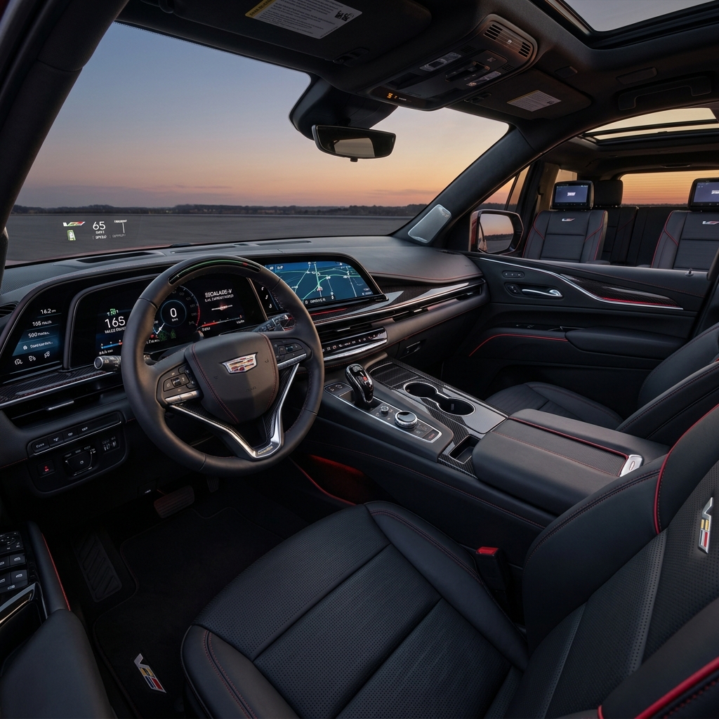 Modern Cadillac Escalade-V interior with black leather seats, red accent stitching, and curved digital dashboard screens. (Representative image for illustration purposes only. Actual vehicle may vary based on trim and configuration.)