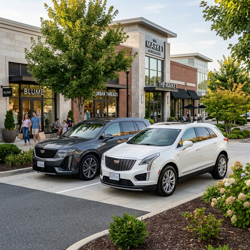 A dark grey Cadillac and a white Cadillac SUV parked outside an upscale retail shopping center. (Representative image for illustration purposes only. Actual vehicle may vary based on trim and configuration.)