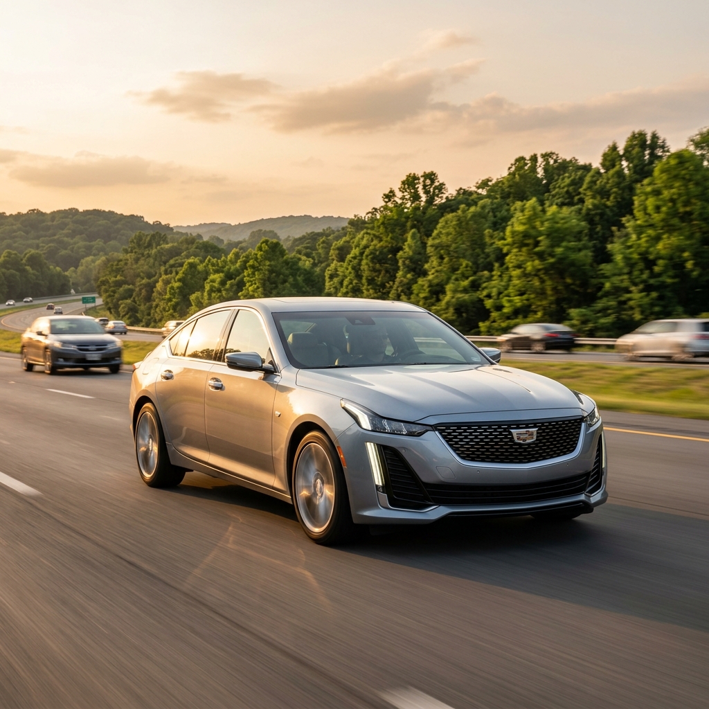 Silver Cadillac sedan driving on a multi-lane highway at golden hour with forested hills in the background. (Representative image for illustration purposes only. Actual vehicle may vary based on trim and configuration.)