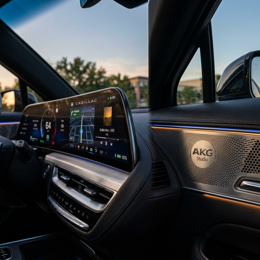 Curved digital dashboard screen and illuminated AKG Studio speaker grille inside a modern Cadillac interior. (Representative image for illustration purposes only. Actual vehicle may vary based on trim and configuration.)