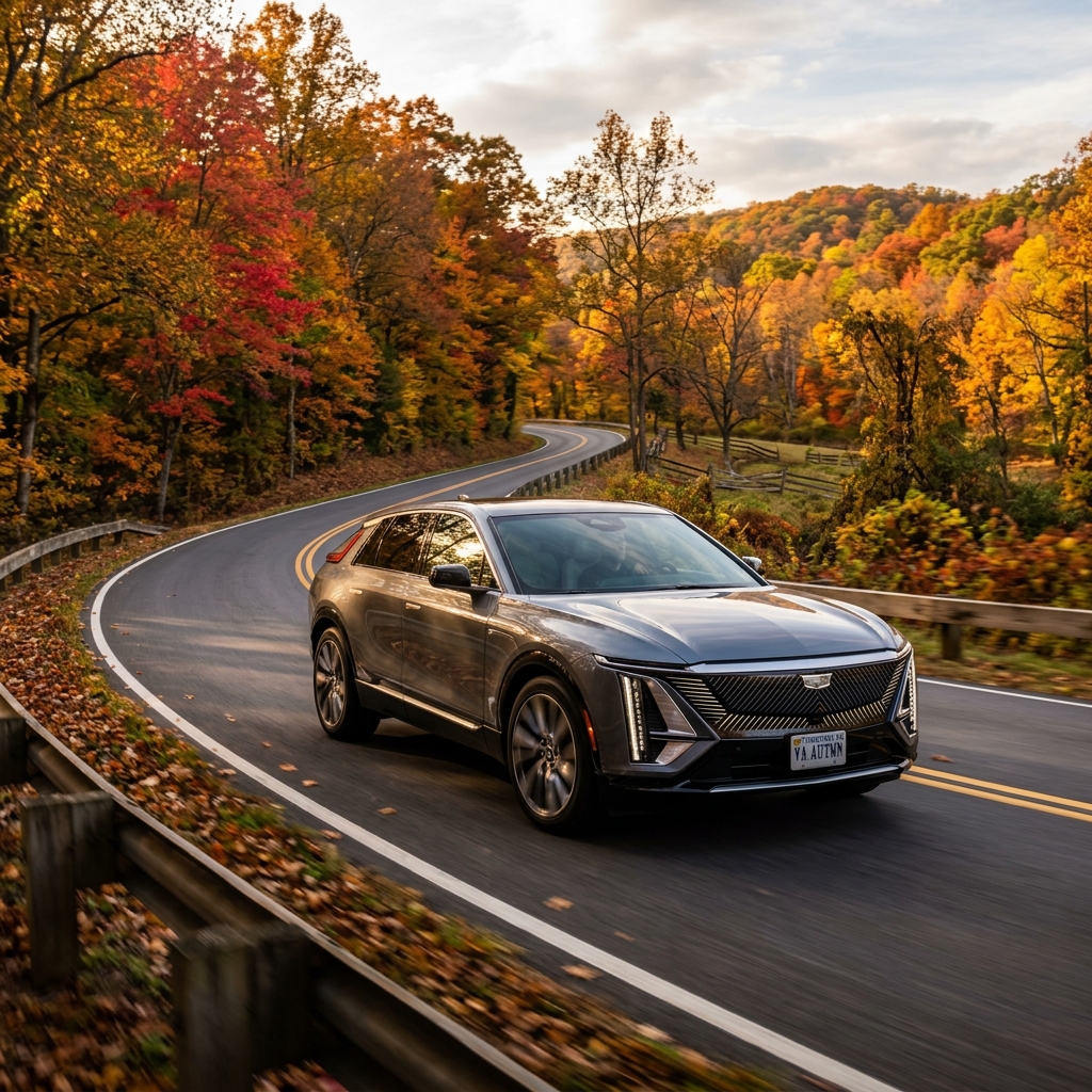 A grey Cadillac Lyriq electric SUV driving along a winding road surrounded by vibrant autumn trees. (Representative image for illustration purposes only. Actual vehicle may vary based on trim and configuration.)
