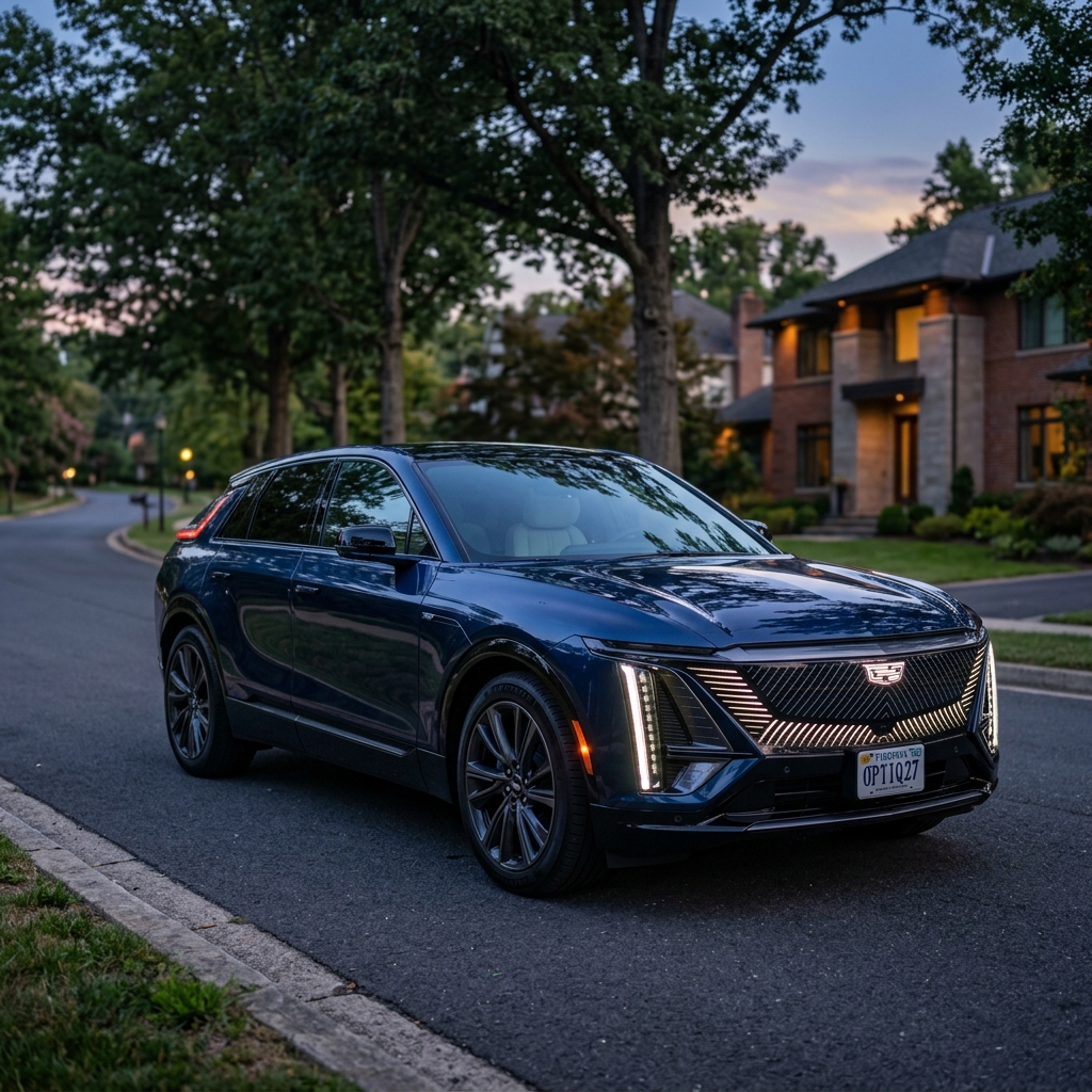 A dark blue Cadillac Lyriq electric SUV parked on a suburban street at dusk with its front grille lit up. (Representative image for illustration purposes only. Actual vehicle may vary based on trim and configuration.)