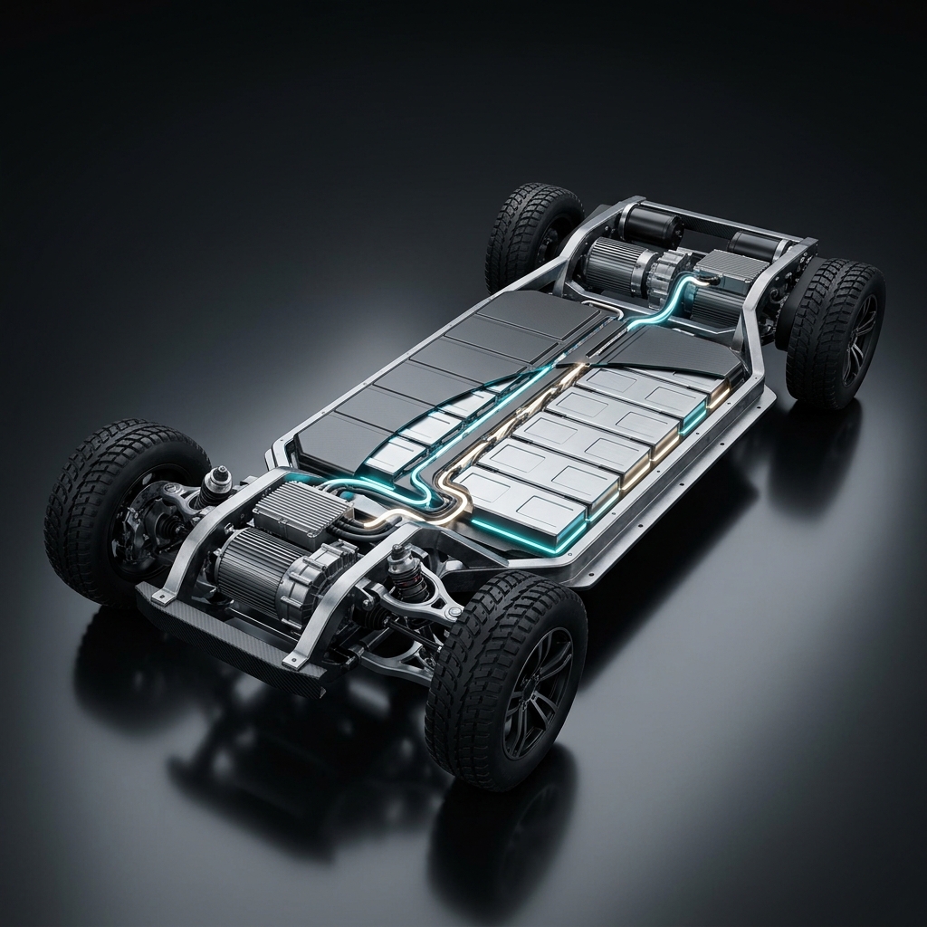 3D render of an electric vehicle skateboard chassis showing battery pack modules, electric motors, and illuminated energy paths. (Representative image for illustration purposes only. Actual vehicle may vary based on trim and configuration.)